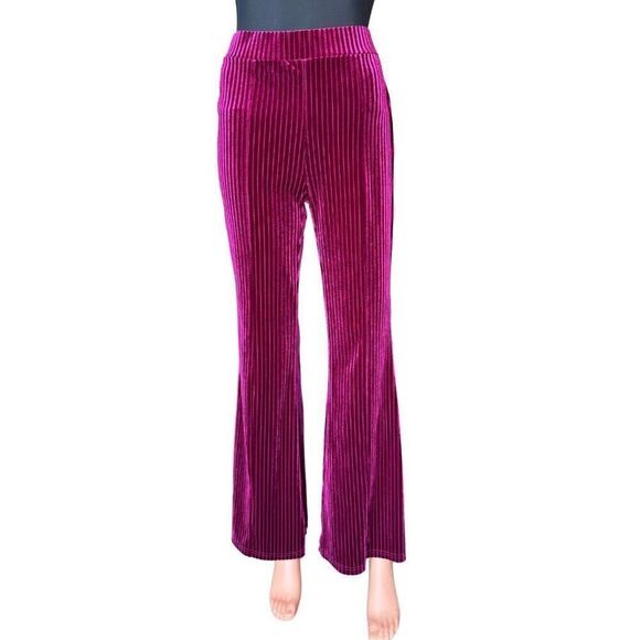 Women’s Maroon Velvet Ribbed High Waisted Flared Stretchy Pants Size Medium - Picture 3 of 6